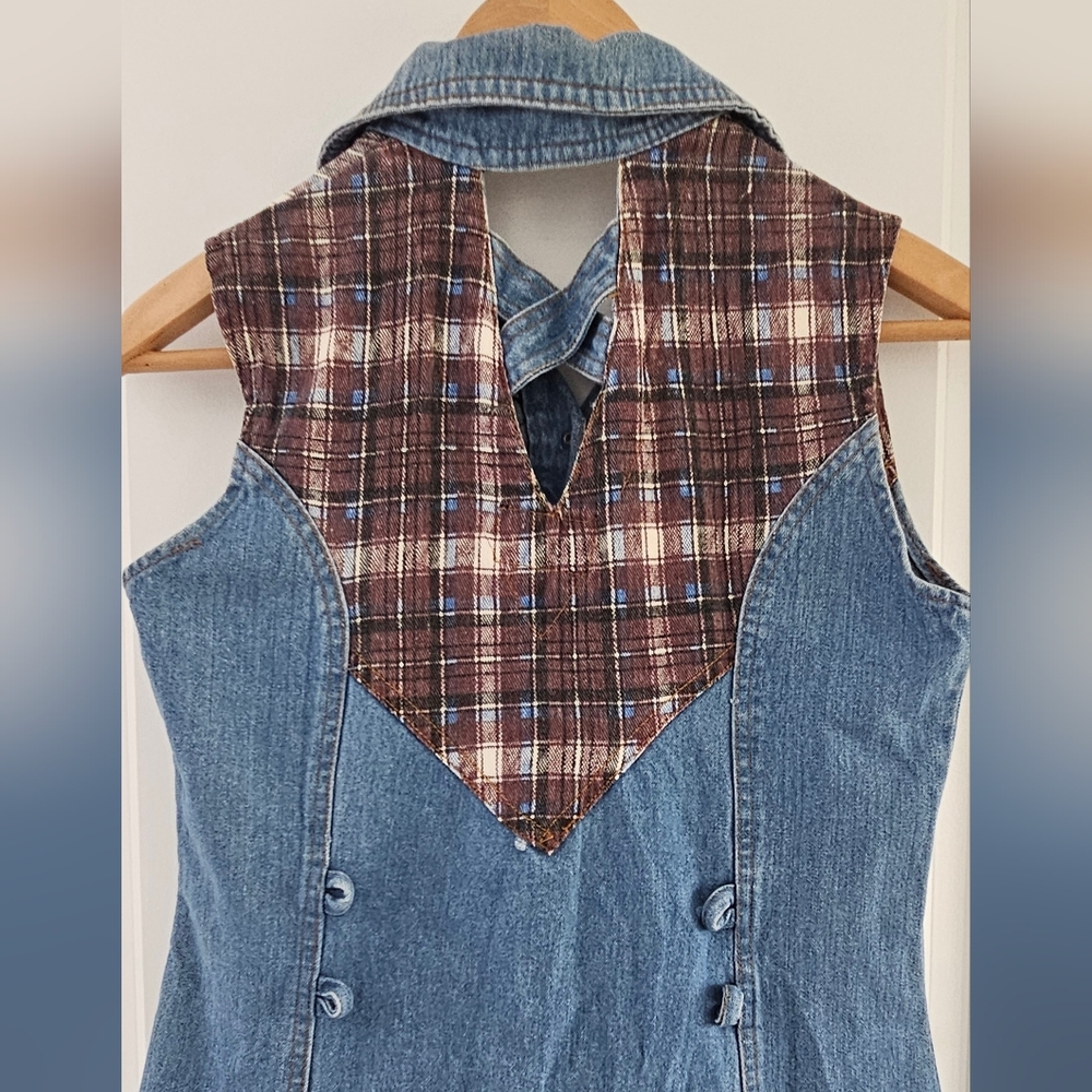 Boho Retro Western Cow Girl Denim Shirt Dress Button Front Plaid Accent Size S - Picture 5 of 13